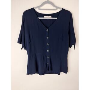 LOFT Navy Button Front Blouse Size 10 Tie Sleeve Rayon Office Top Blue Polished